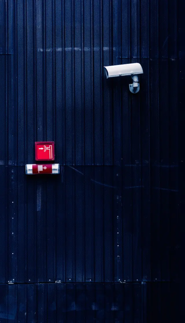 Security camera on blue wall